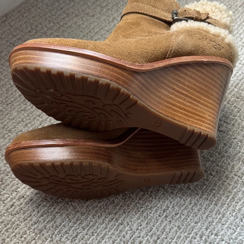 UGG Chestnut Suede Wedge Booties with Shearling Cuff